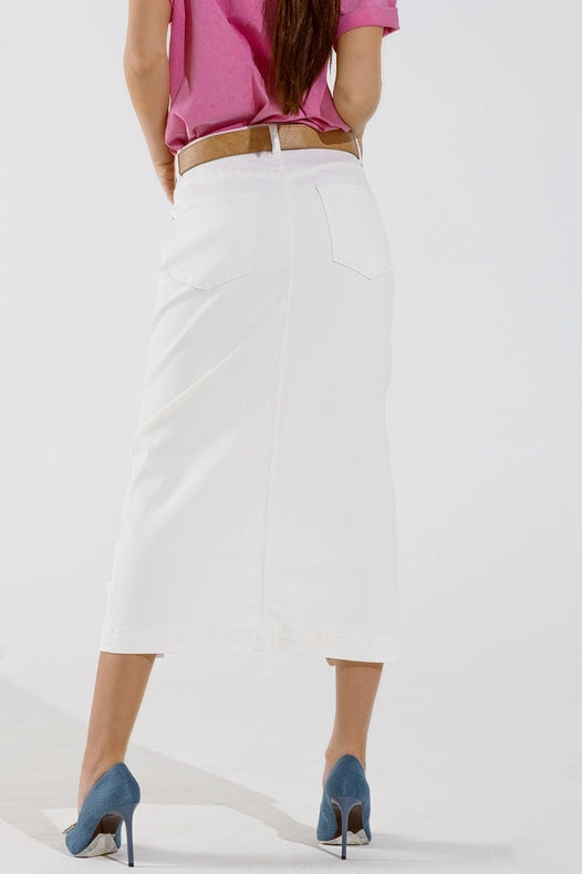 Denim Maxi Skirt With Split In The Front In White