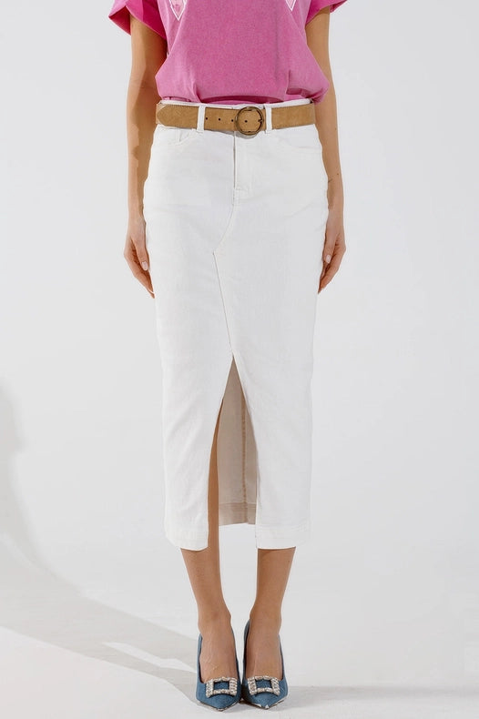 Denim Maxi Skirt with Split in the Front in White