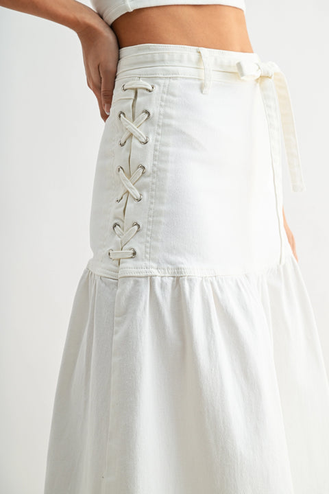 Denim Midi Skirt with Lace-Up Detail
