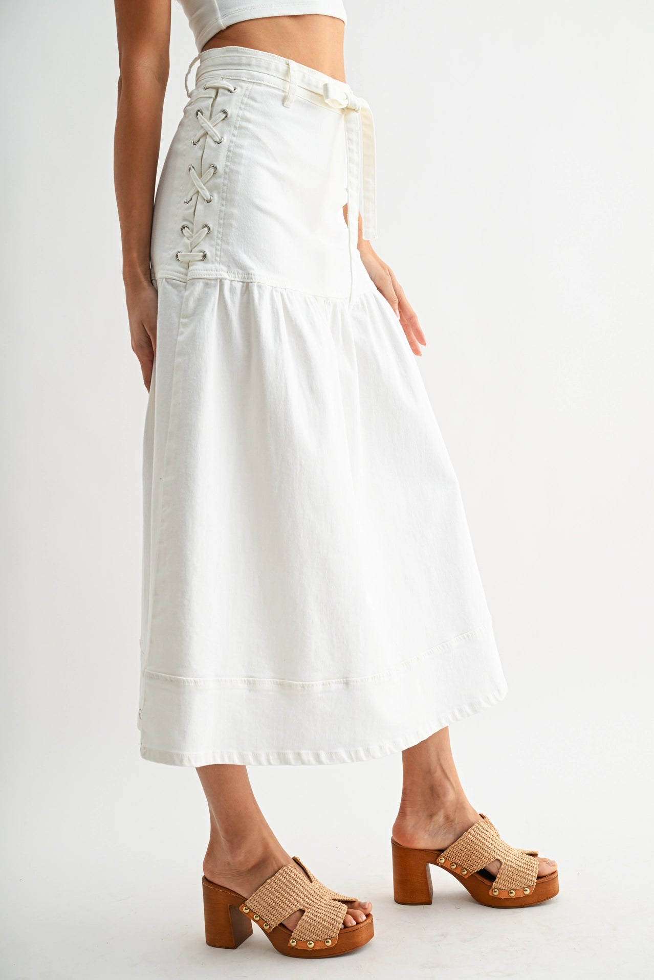 Denim Midi Skirt with Lace-Up Detail