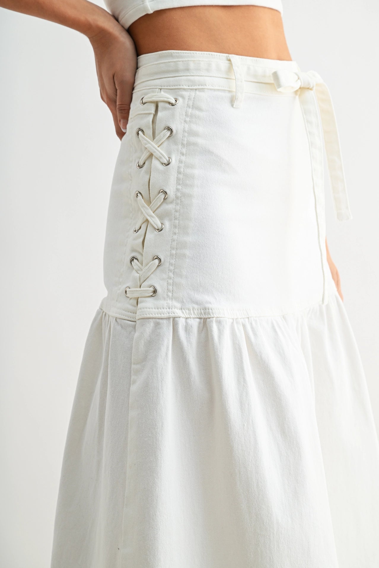 Denim Midi Skirt with Lace-Up Detail