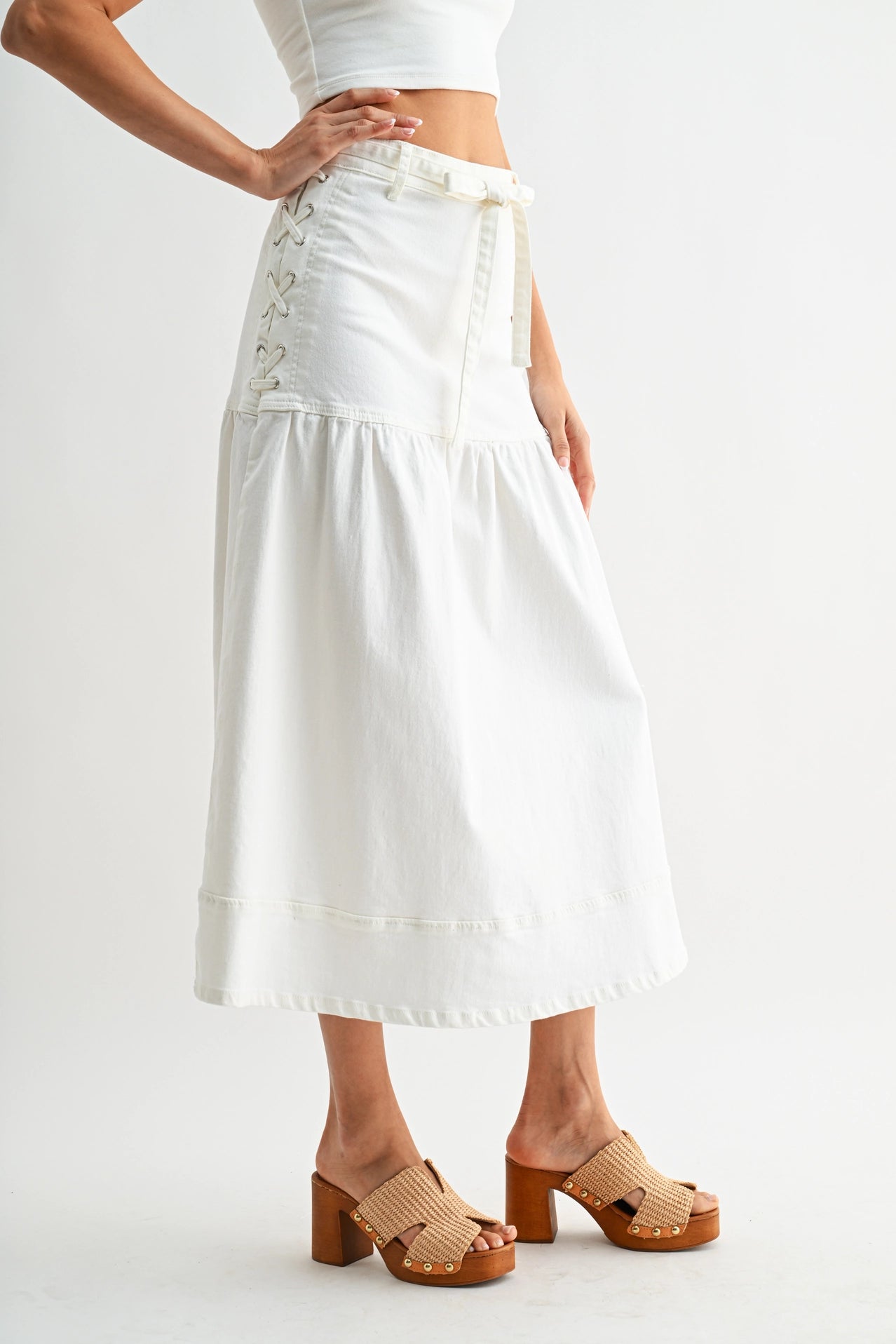 Denim Midi Skirt with Lace-Up Detail