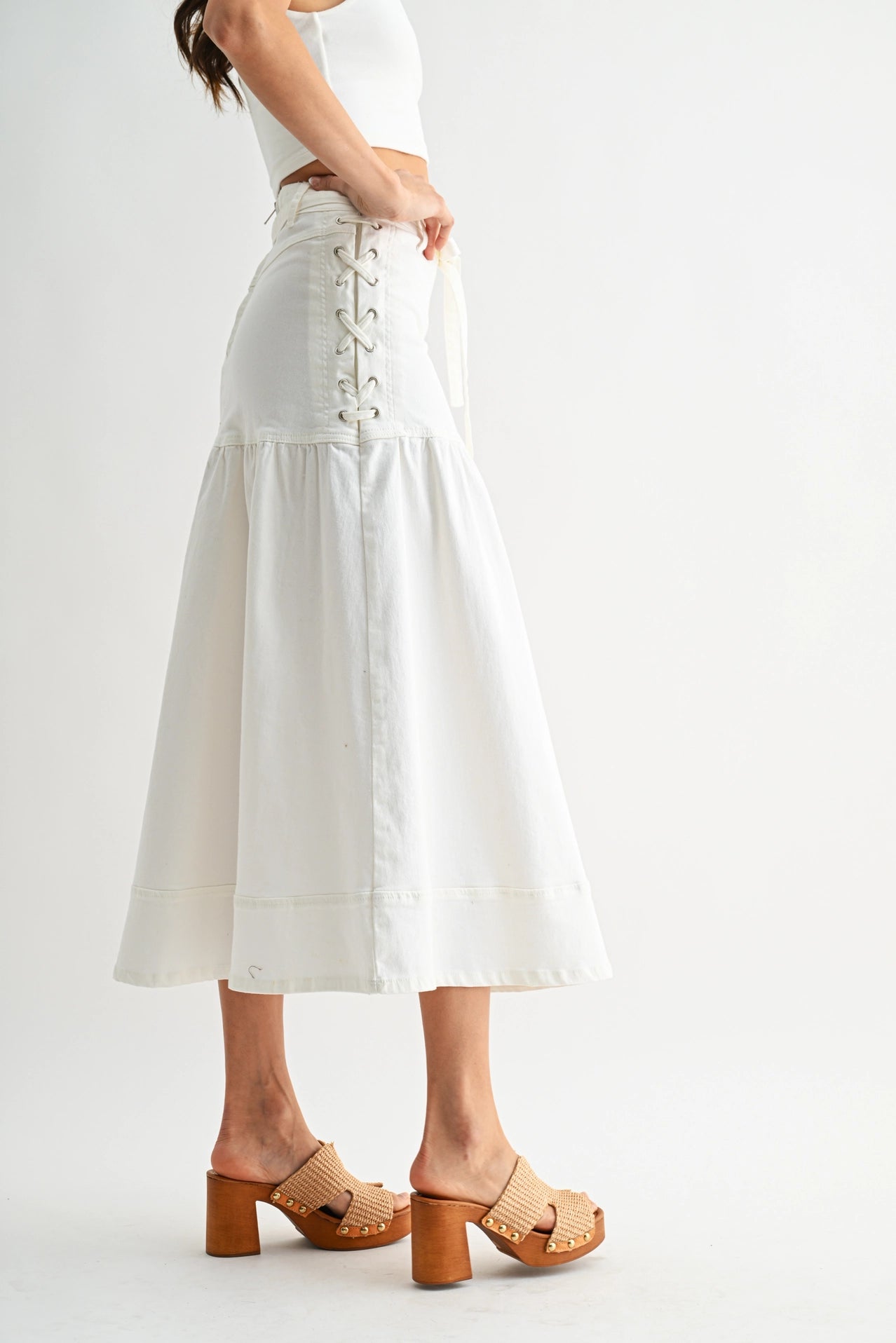 Denim Midi Skirt with Lace-Up Detail