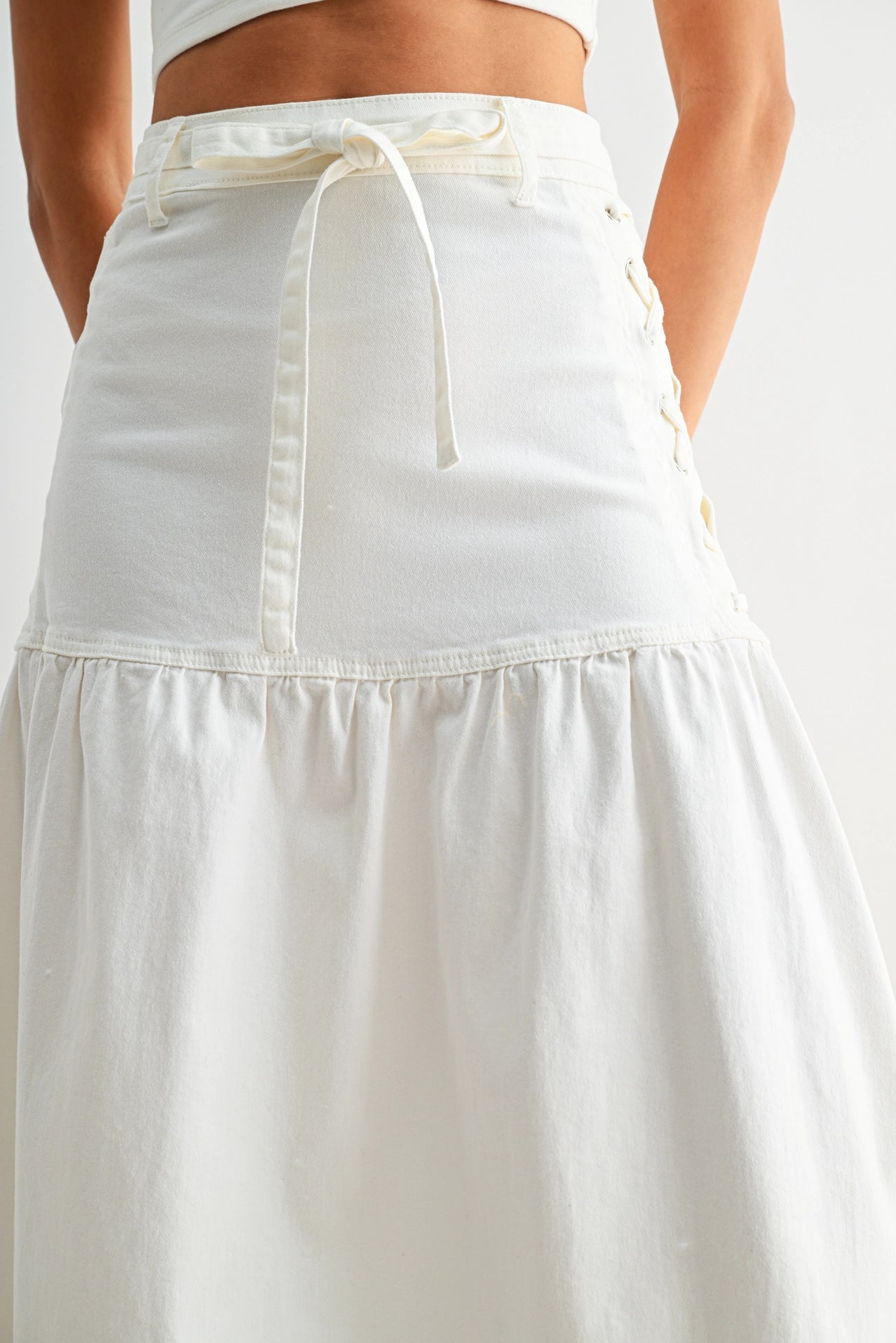 Denim Midi Skirt with Lace-Up Detail