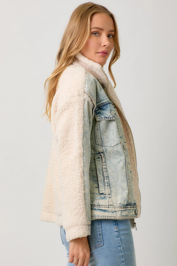 Denim Mixed Sherpa Jacket-Jacket-Mystree-S-Cream/Denim-Urbanheer