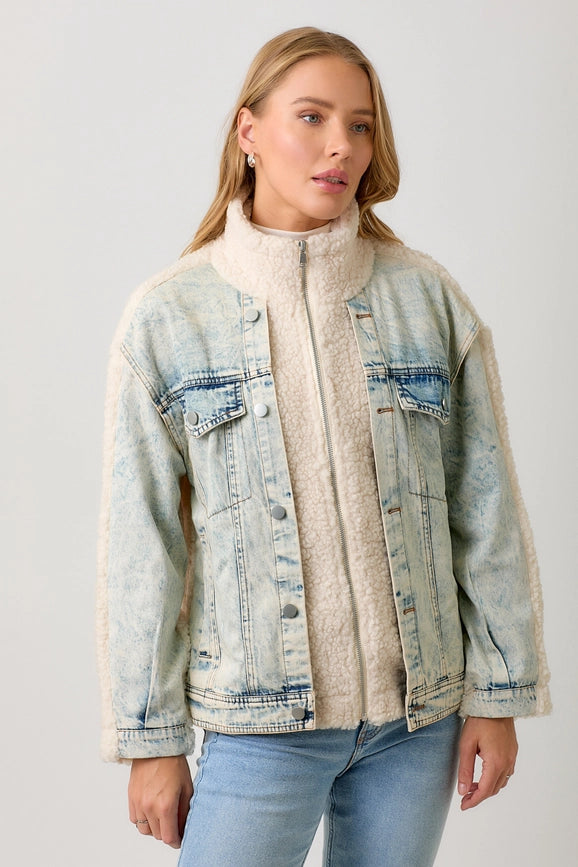 Denim Mixed Sherpa Jacket-Jacket-Mystree-S-Cream/Denim-Urbanheer