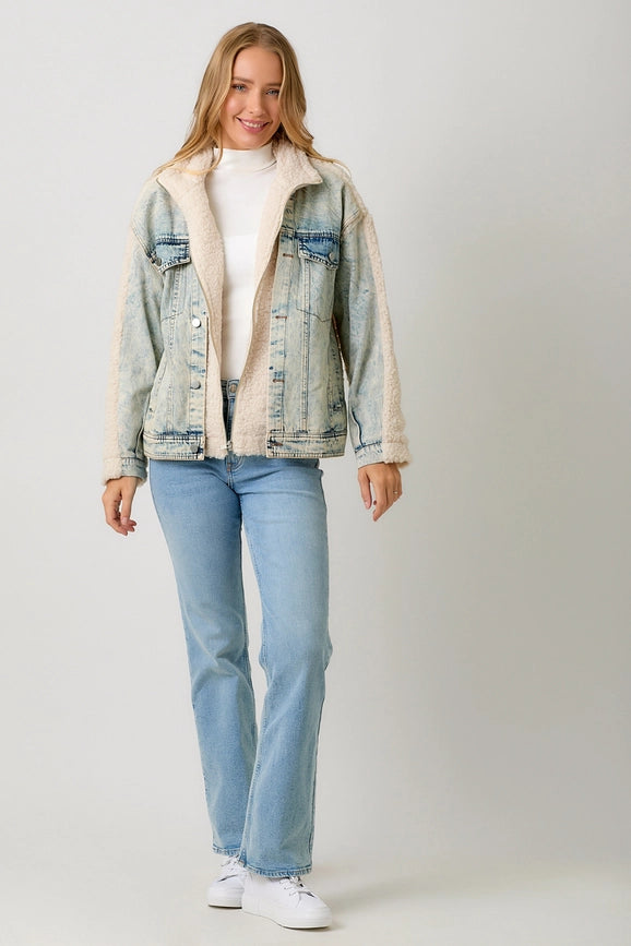 Denim Mixed Sherpa Jacket-Jacket-Mystree-S-Cream/Denim-Urbanheer