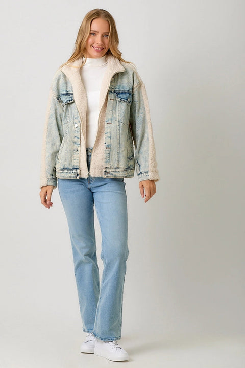 Denim Mixed Sherpa Jacket-Jacket-Mystree-S-Cream/Denim-Urbanheer