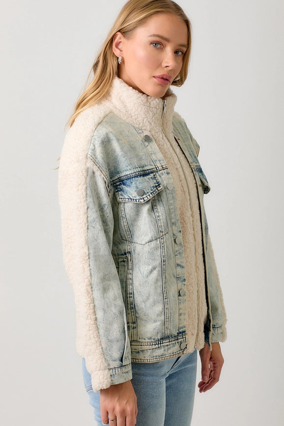 Denim Mixed Sherpa Jacket-Jacket-Mystree-S-Cream/Denim-Urbanheer