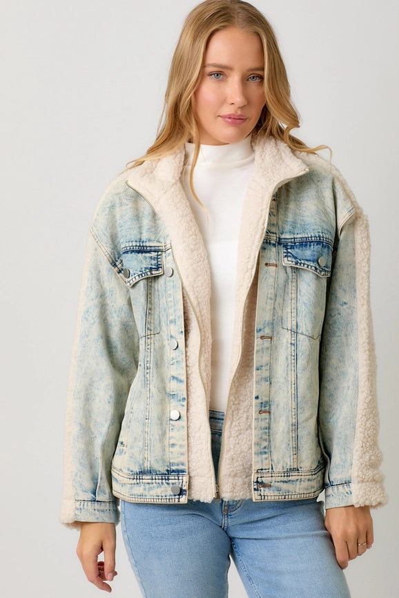 Denim Mixed Sherpa Jacket-Jacket-Mystree-S-Cream/Denim-Urbanheer