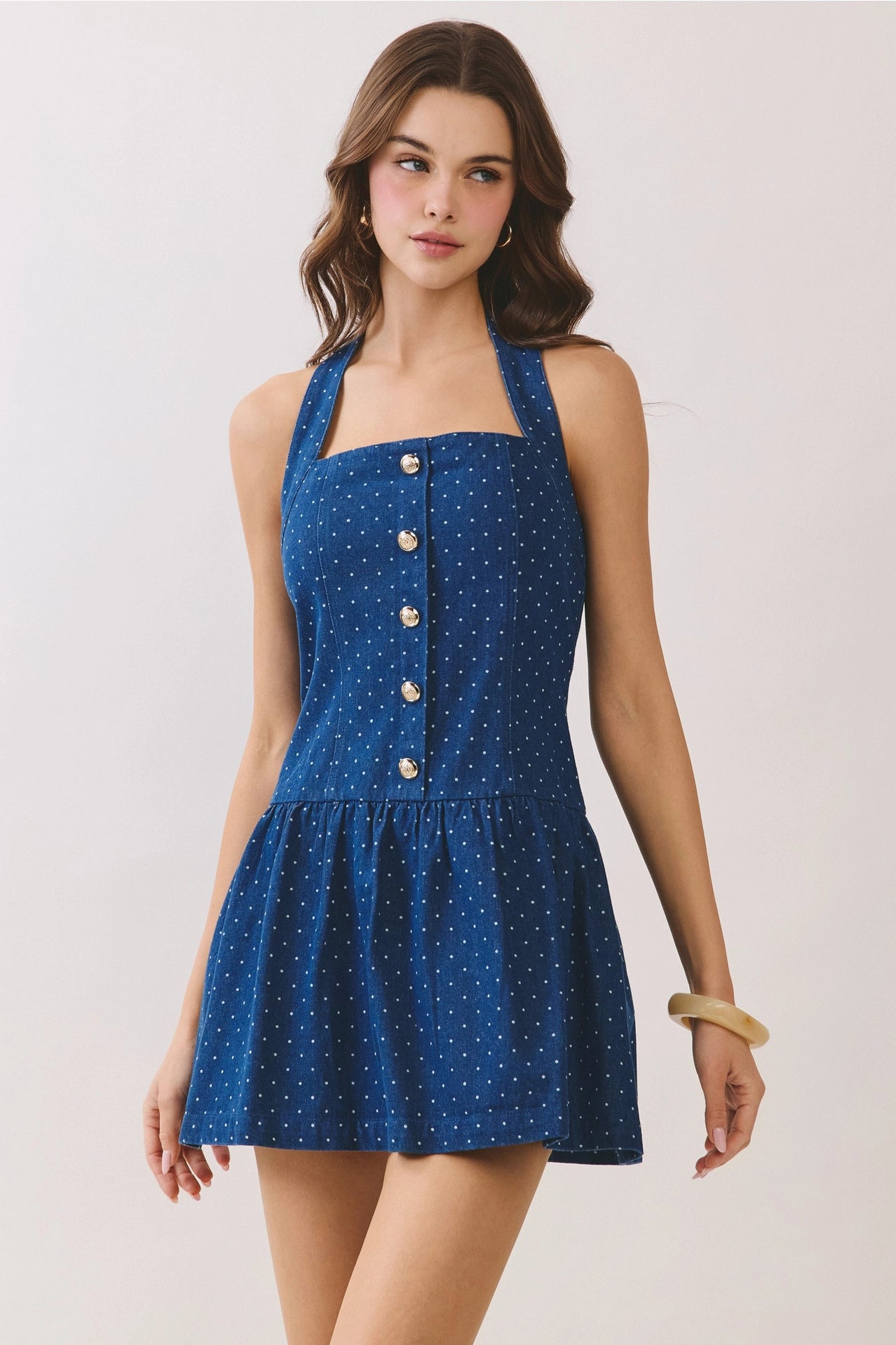 Denim Polka Dot Back Smocked Halter Mini Dress