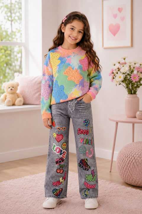 Denim Print Legging w/ Rhinestones