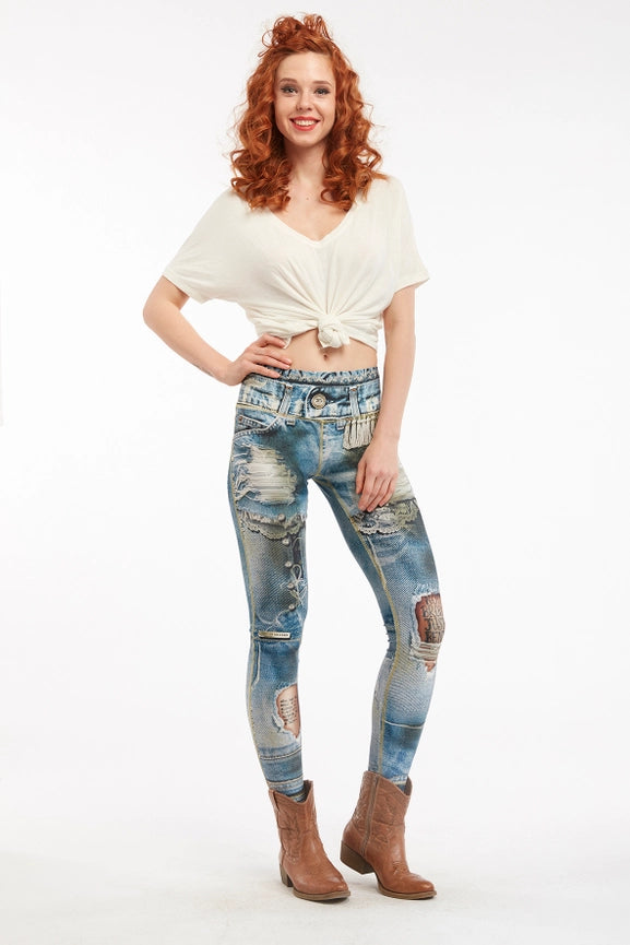 Denim Print Leggings Ripped - Basic Classic-Leggings-IPNG Design-S/M-Urbanheer