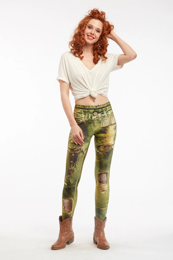 Denim Print Leggings Ripped - Basic Olive-Leggings-IPNG Design-S/M-Urbanheer