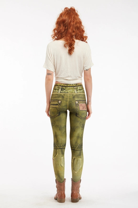 Denim Print Leggings Ripped - Basic Olive-Leggings-IPNG Design-S/M-Urbanheer