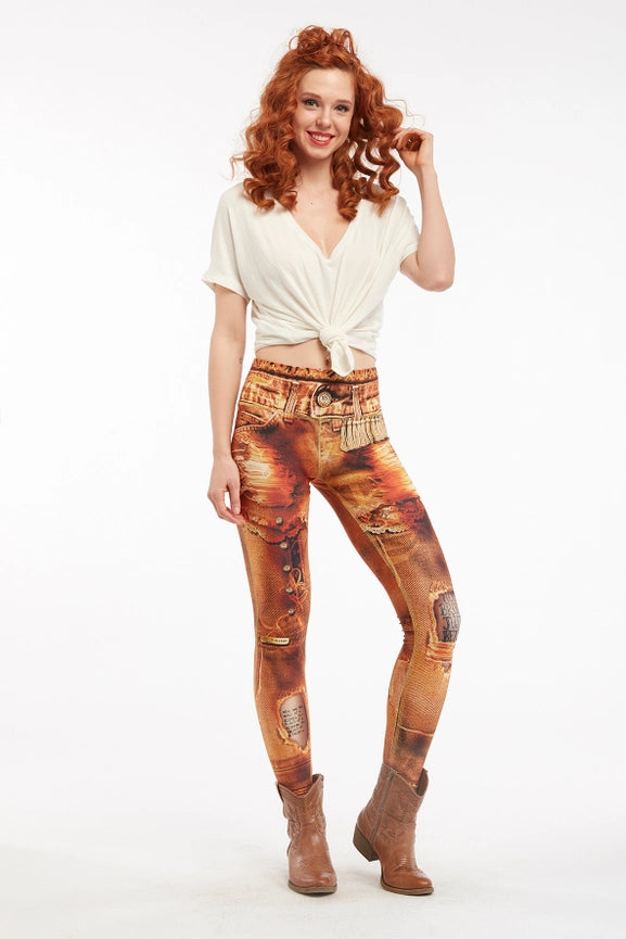Denim Print Leggings Ripped - Basic Pumpkin-Leggings-IPNG Design-S/M-Urbanheer