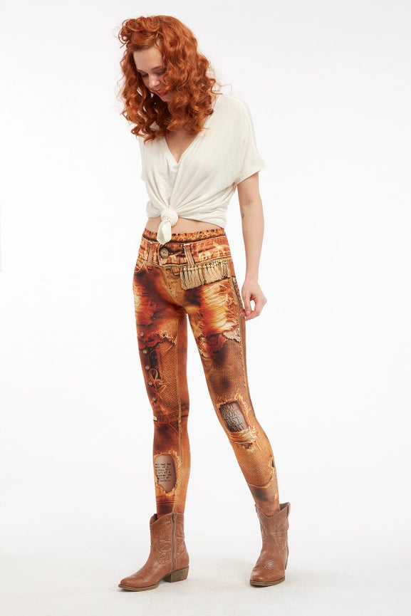 Denim Print Leggings Ripped - Basic Pumpkin-Leggings-IPNG Design-S/M-Urbanheer