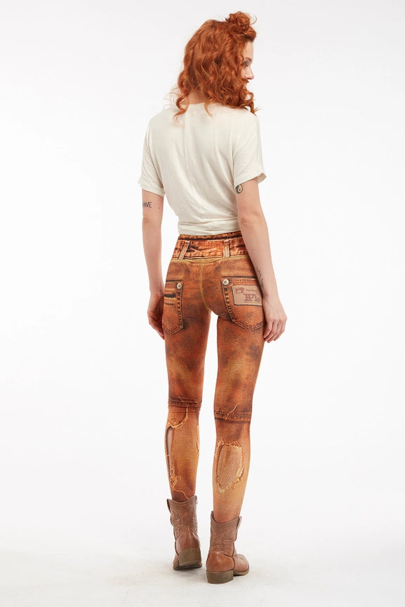 Denim Print Leggings Ripped - Basic Pumpkin-Leggings-IPNG Design-S/M-Urbanheer
