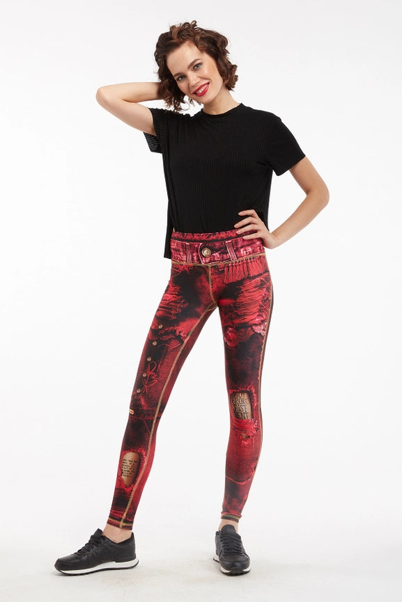 Denim Print Leggings Ripped - Basic Wine-Leggings-IPNG Design-S/M-Urbanheer