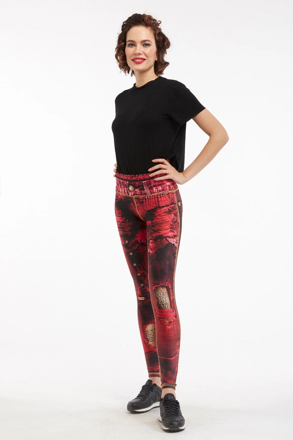 Denim Print Leggings Ripped - Basic Wine-Leggings-IPNG Design-S/M-Urbanheer