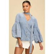 Denim Puff Sleeve Neck Tie Top