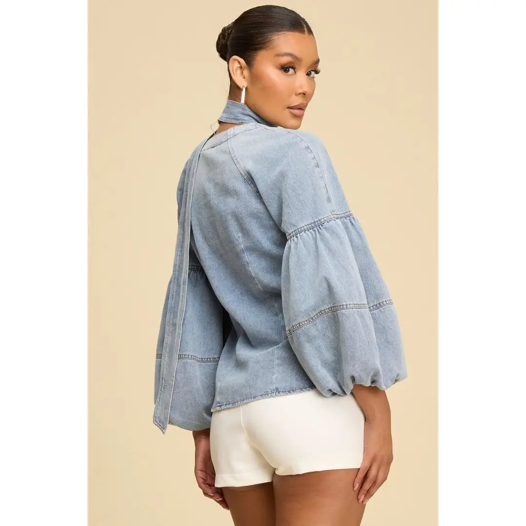 Denim Puff Sleeve Neck Tie Top