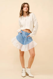 Denim Ruffle Contrast Shorts-Shorts-Blue B-S-LT WASH-Urbanheer