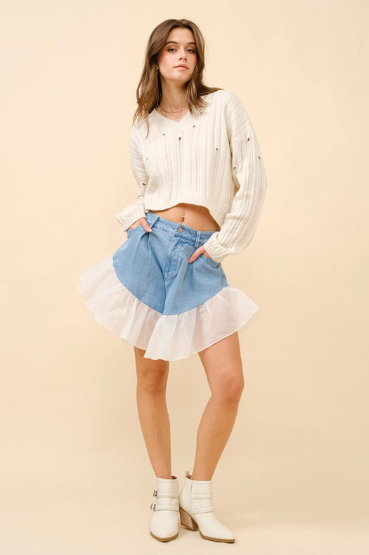 Denim Ruffle Contrast Shorts-Shorts-Blue B-S-LT WASH-Urbanheer
