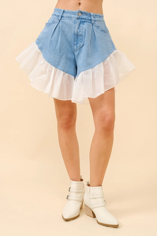 Denim Ruffle Contrast Shorts-Shorts-Blue B-S-LT WASH-Urbanheer