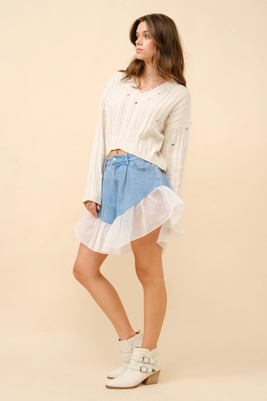 Denim Ruffle Contrast Shorts-Shorts-Blue B-S-LT WASH-Urbanheer