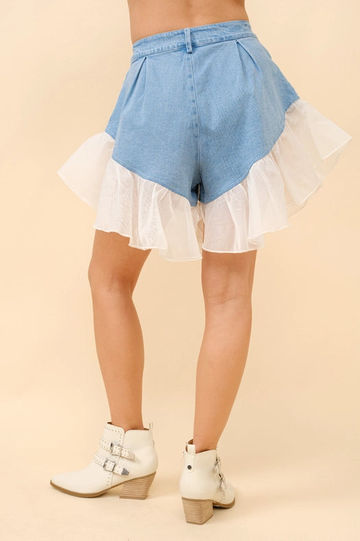 Denim Ruffle Contrast Shorts-Shorts-Blue B-S-LT WASH-Urbanheer