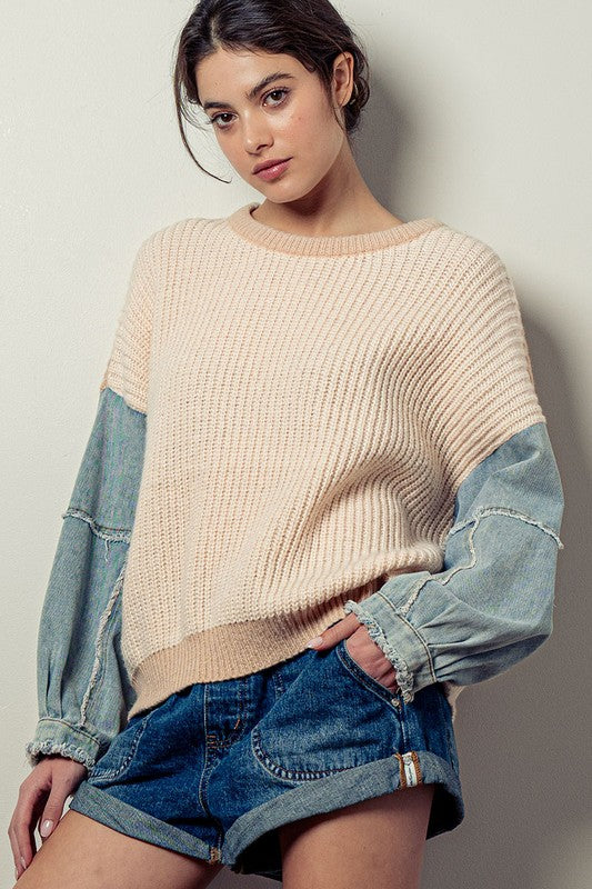 Denim Sleeve Two Tone Knit Sweater IVORY-Sweater-Fashion Week-S/M-Urbanheer