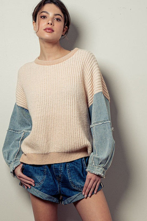 Denim Sleeve Two Tone Knit Sweater IVORY-Sweater-Fashion Week-S/M-Urbanheer