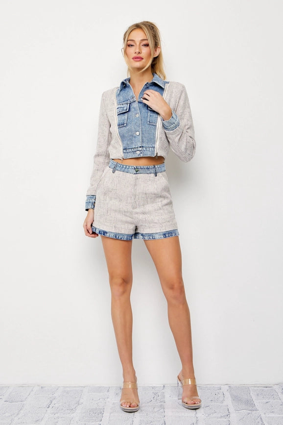 Denim Tweed Jacket and Shorts Set-Set-RIVIR-S-CREAM/BLUE-Urbanheer