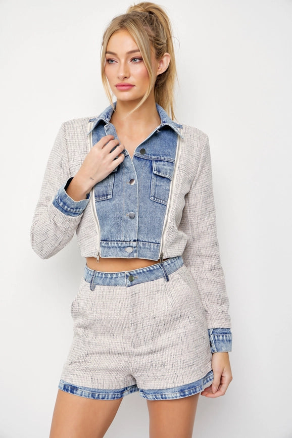 Denim Tweed Jacket and Shorts Set-Set-RIVIR-S-CREAM/BLUE-Urbanheer