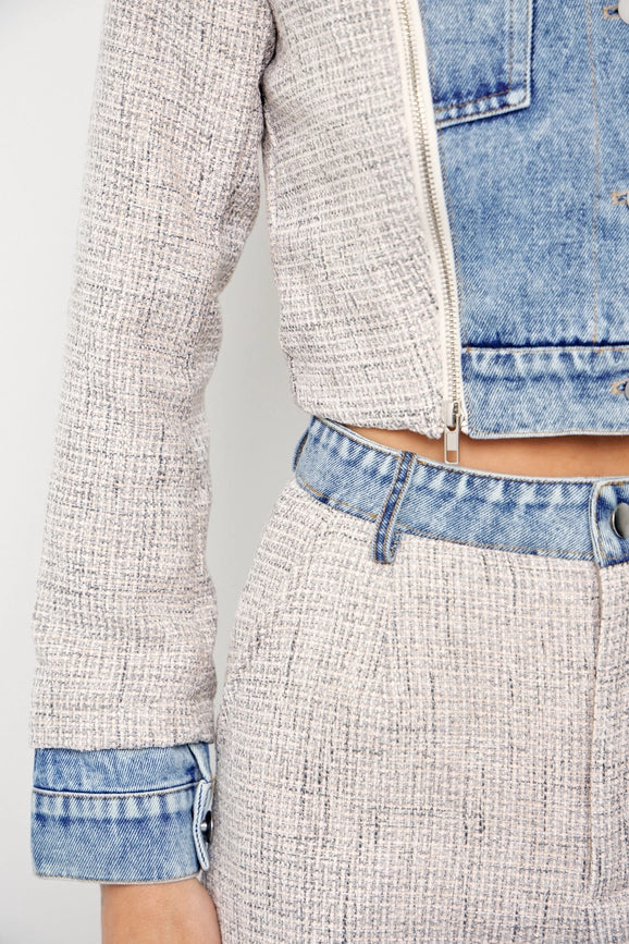 Denim Tweed Jacket and Shorts Set-Set-RIVIR-S-CREAM/BLUE-Urbanheer