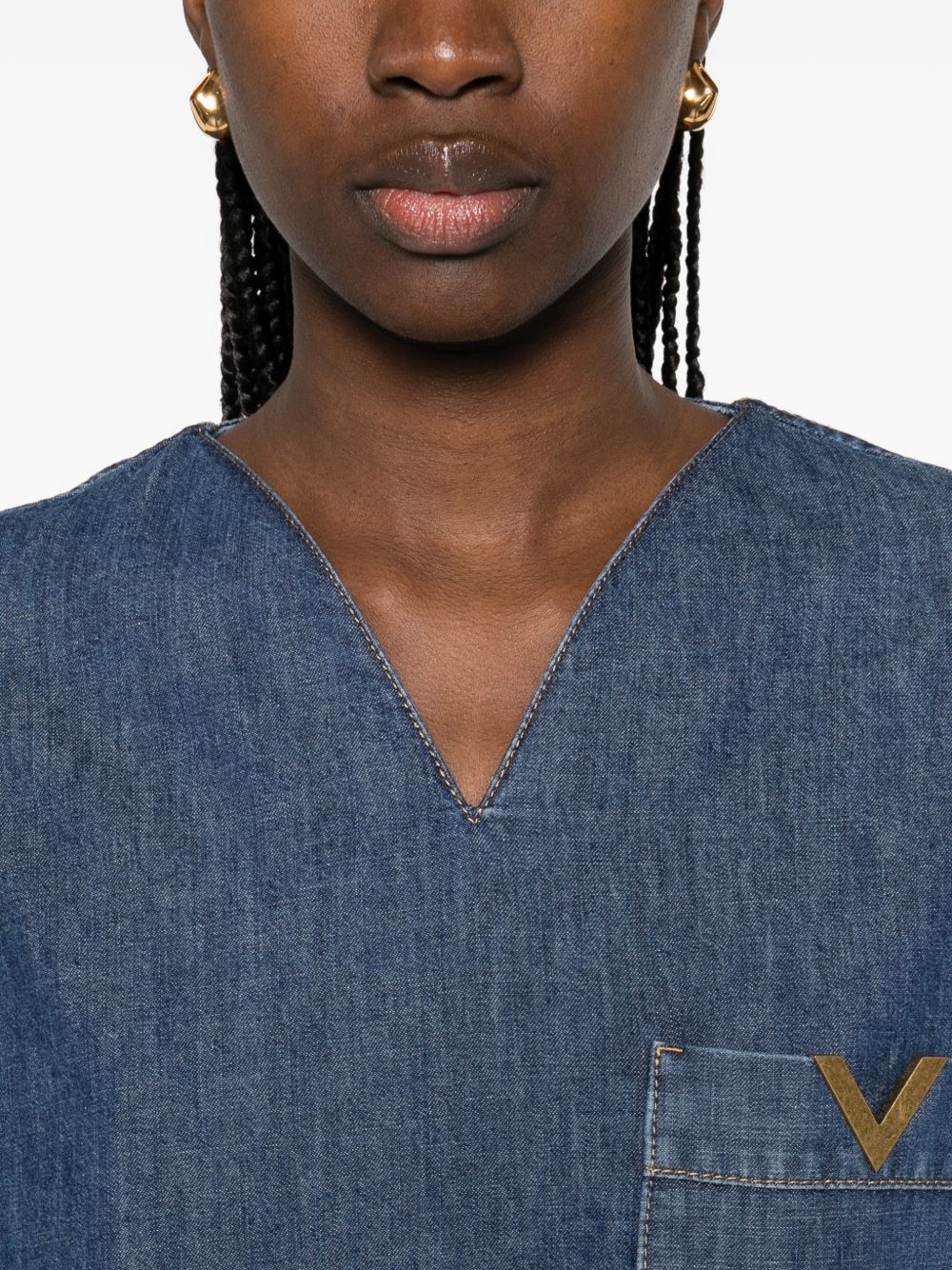 Denim V-Neck Blouse with Chest Pocket for Comfort