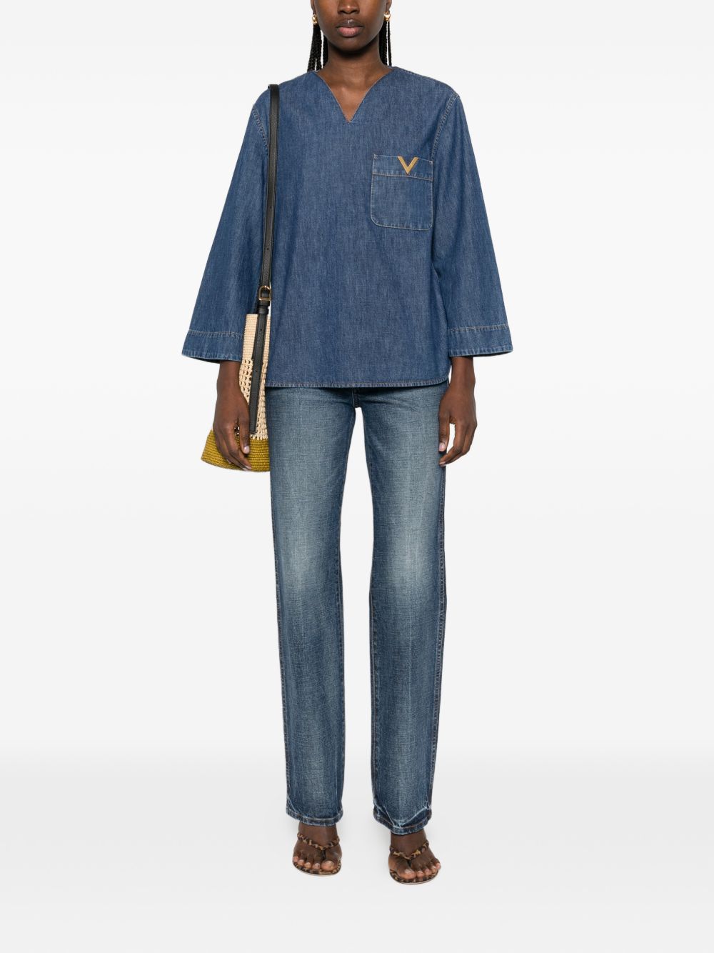Denim V-Neck Blouse with Chest Pocket for Comfort