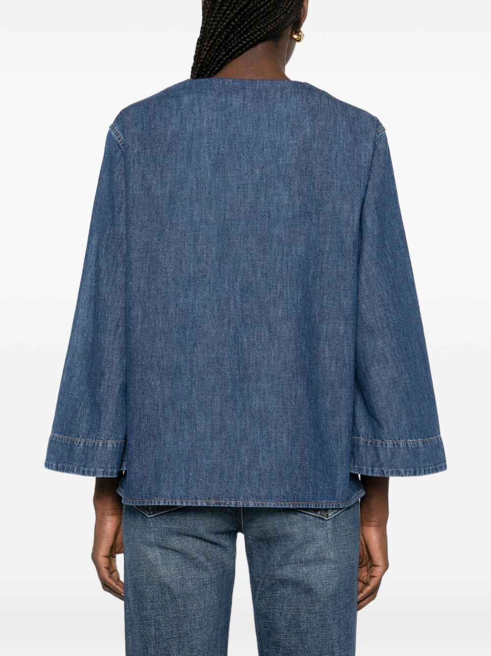 Denim V-Neck Blouse with Chest Pocket for Comfort