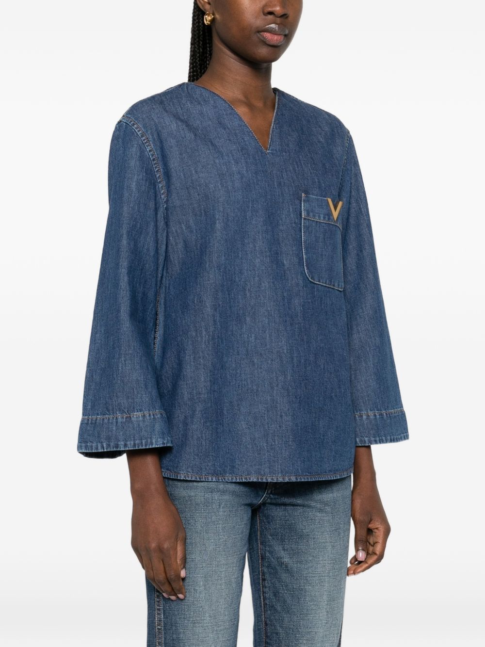 Denim V-Neck Blouse with Chest Pocket for Comfort