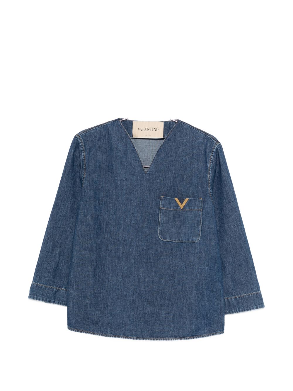 Denim V-Neck Blouse with Chest Pocket for Comfort