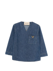 Denim V-Neck Blouse with Chest Pocket for Comfort