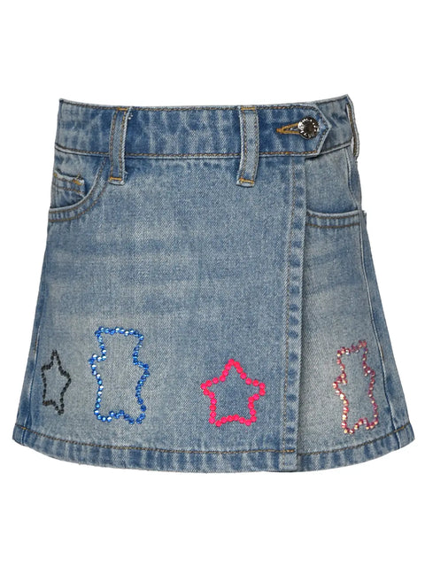 Denim Wrap Skort w/ Rhinestone Detail