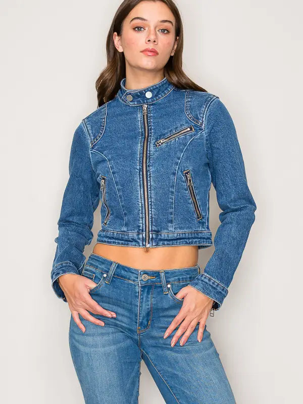 Denim Zip Pocket Biker Jacket