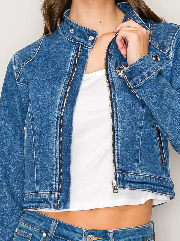 Denim Zip Pocket Biker Jacket