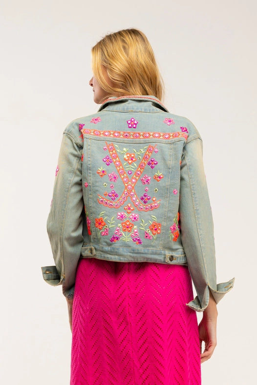 Denim Jacket With Embroidered Appliques, Rhinestones And Coin Detail-Jacket-Tantra-M-Urbanheer