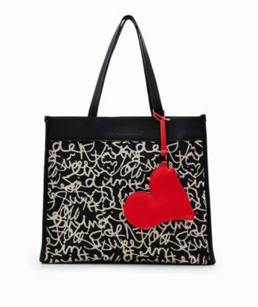 Desigual Tote Bag with Heart - Black/Beige
