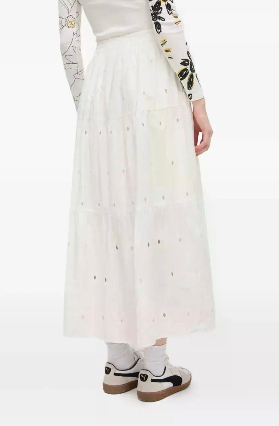 Desigual Women Eyelet Embroidered Tiered Midi Skirt White