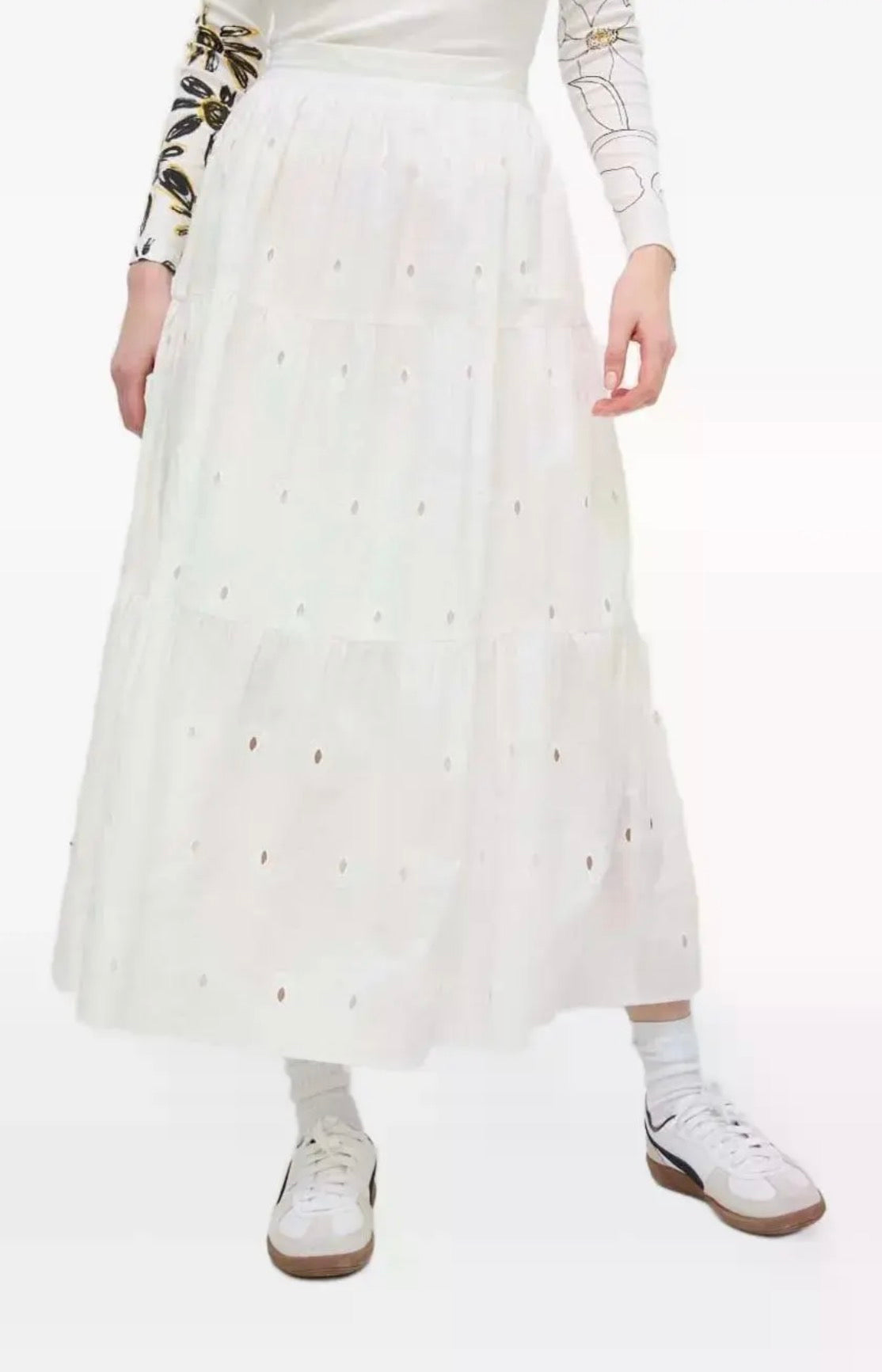 Desigual Women Eyelet Embroidered Tiered Midi Skirt White