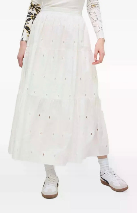 Desigual Women Eyelet Embroidered Tiered Midi Skirt White